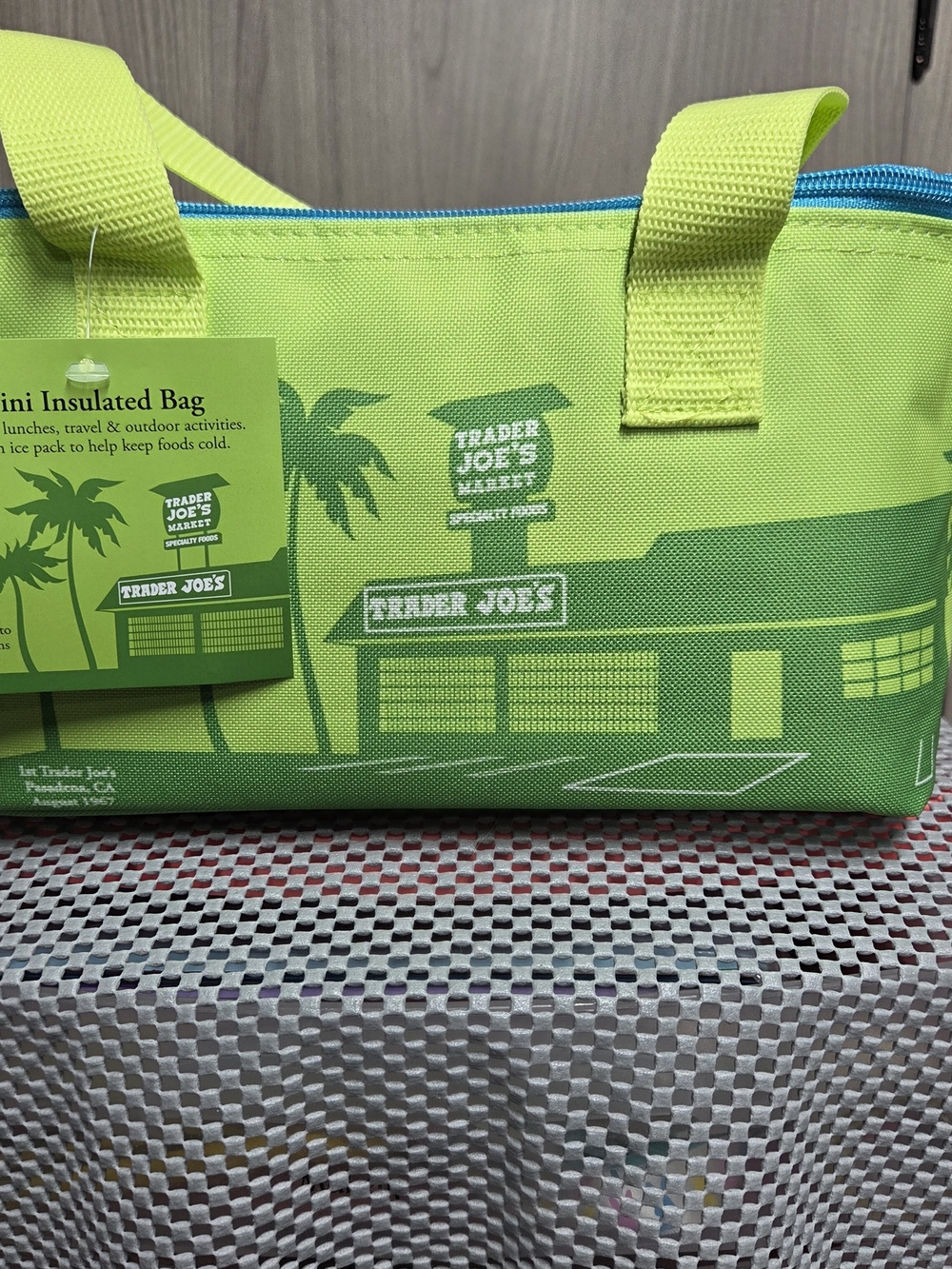 Trader Joe's Lime Green Insulated Bag with Blue Zipper